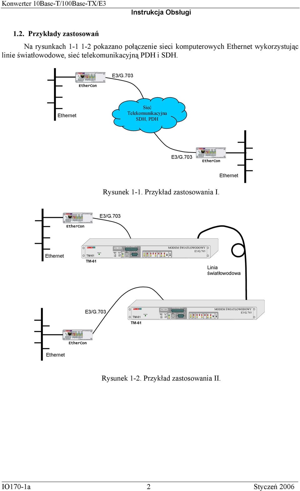 703 EtherCon Ethernet Rysunek 1-1. Przykład zastosowania I. E3/G.703 EtherCon Ethernet TM-61 TM-61 MODEM ŚWIATŁOWODOWY E3/G.