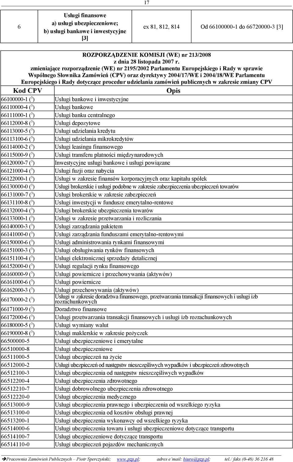 zmiany CPV Kod CPV Opis 66100000-1 ( 3 ) Usługi bankowe i inwestycyjne 66110000-4 ( 3 ) Usługi bankowe 66111000-1 ( 3 ) Usługi banku centralnego 66112000-8 ( 3 ) Usługi depozytowe 66113000-5 ( 3 )