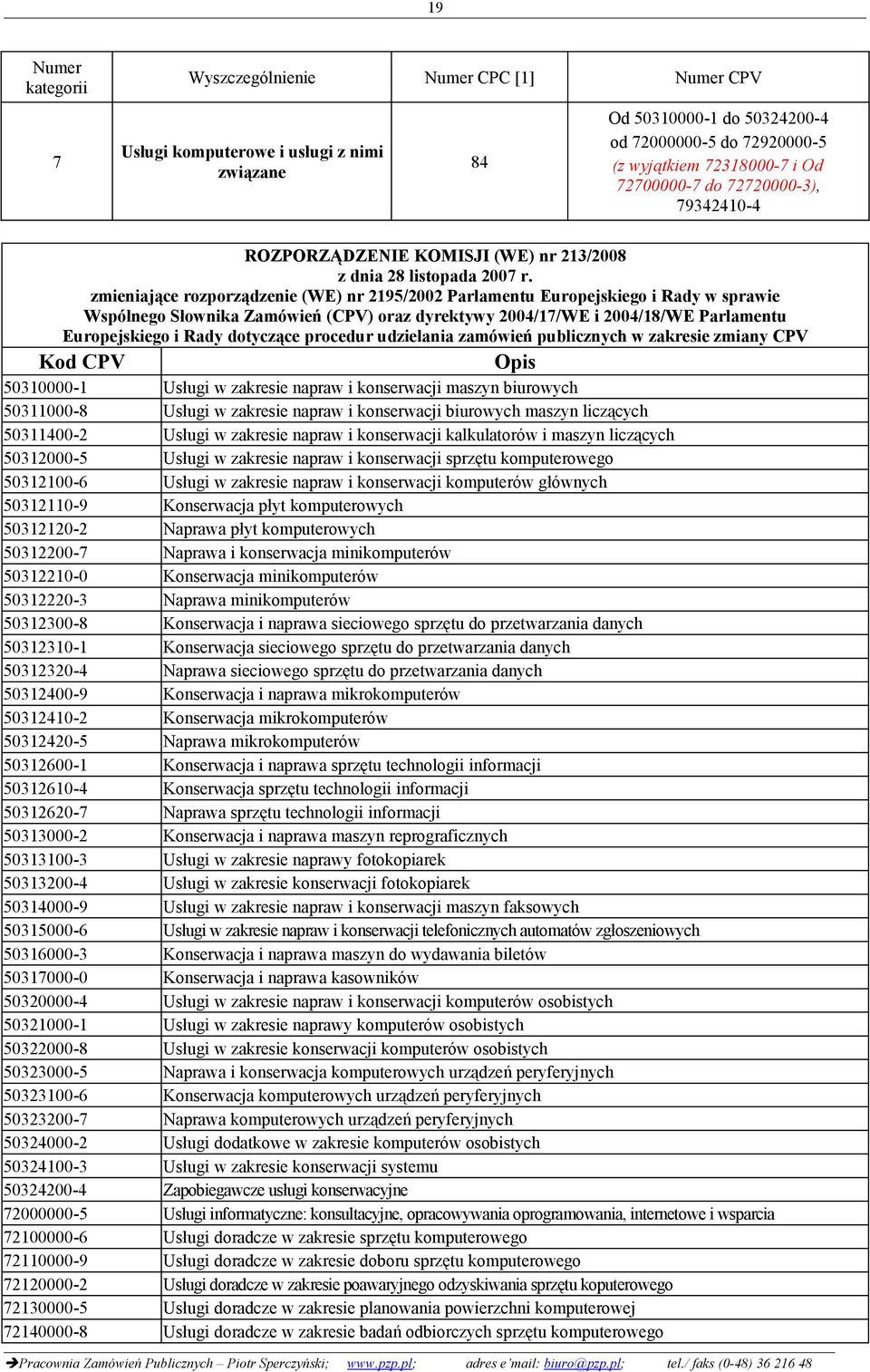 Parlamentu Europejskiego i Rady dotyczące procedur udzielania zamówień publicznych w zakresie zmiany CPV Kod CPV Opis 50310000-1 Usługi w zakresie napraw i konserwacji maszyn biurowych 50311000-8