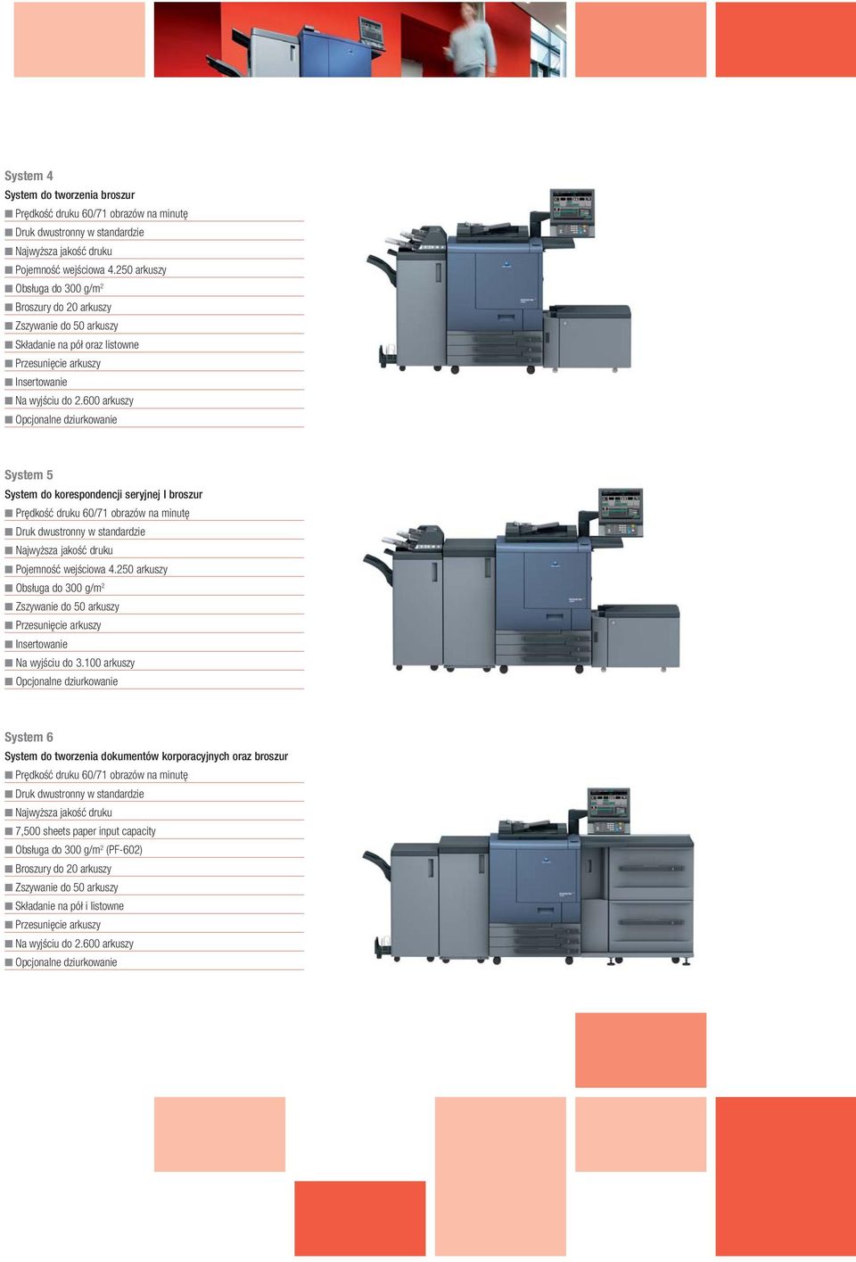 600 arkuszy Opcjonalne dziurkowanie System 5 System do korespondencji seryjnej I broszur Prędkość druku 60/71 obrazów na minutę Druk dwustronny w standardzie Najwyższa jakość druku Pojemność