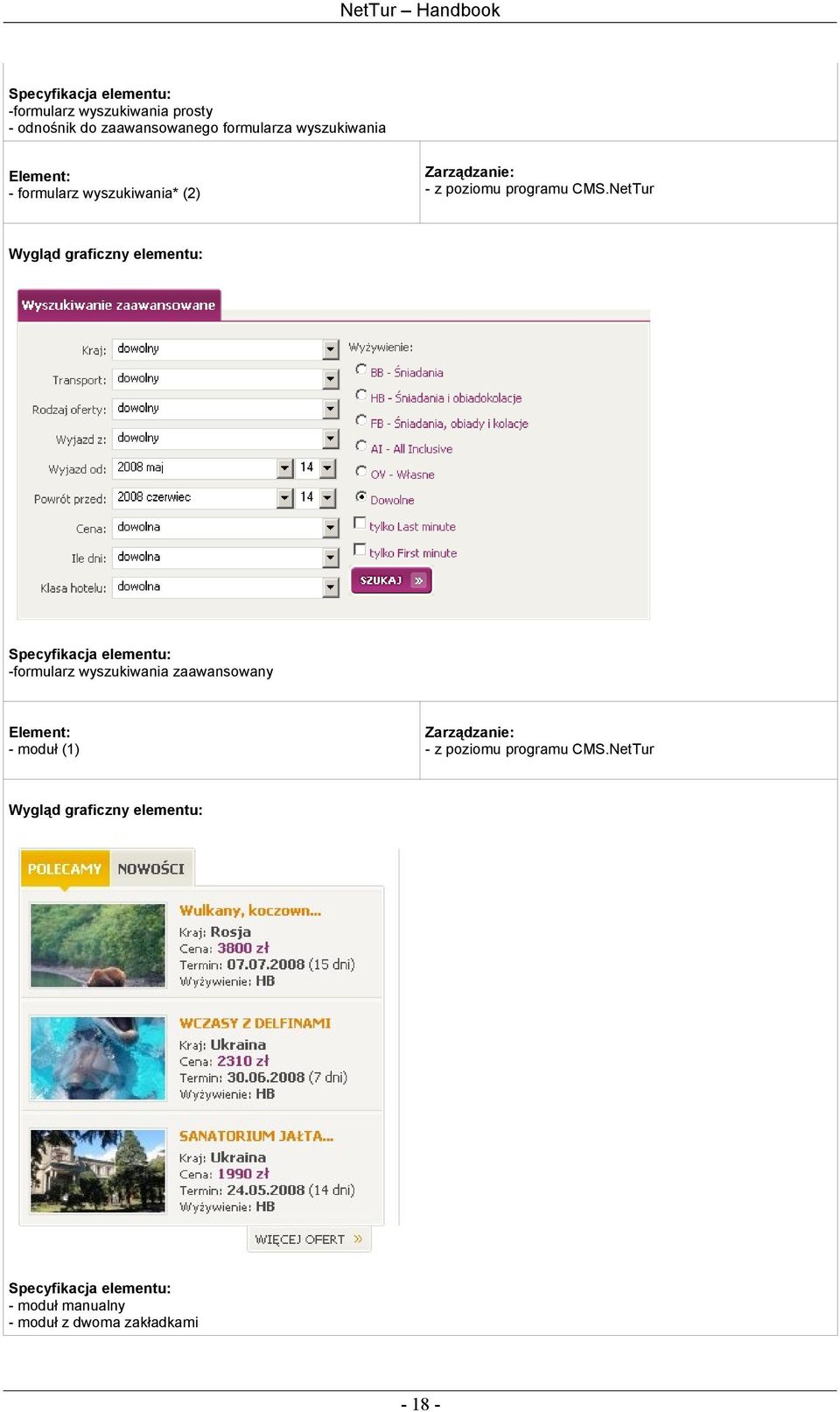 NetTur Wygląd graficzny elementu: Specyfikacja elementu: -formularz wyszukiwania zaawansowany Element: - moduł