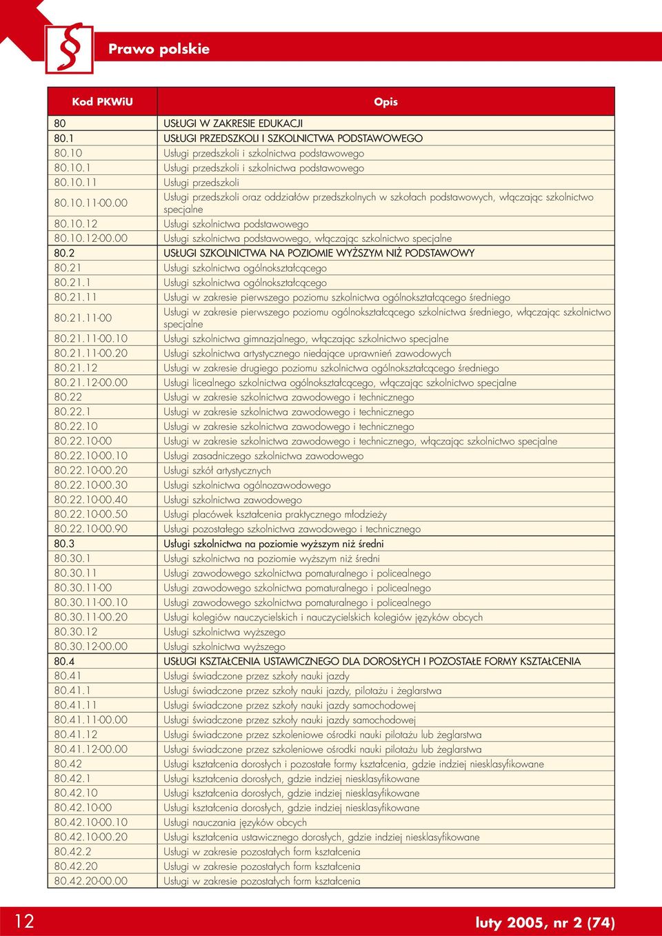 00 Usługi szkolnictwa podstawowego, włączając szkolnictwo specjalne 80.2 USŁUGI SZKOLNICTWA NA POZIOMIE WYŻSZYM NIŻ PODSTAWOWY 80.21 