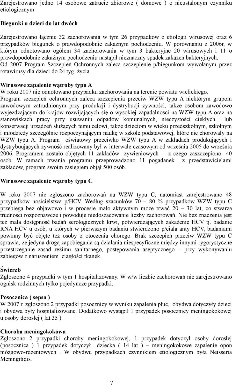 W porównaniu z 2006r, w którym odnotowano ogółem 34 zachorowania w tym 3 bakteryjne 20 wirusowych i 11 o prawdopodobnie zakaźnym pochodzeniu nastąpił nieznaczny spadek zakażeń bakteryjnych.