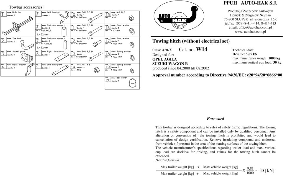 2002 Technical data: D-value: 5,5 kn maximum trailer weight: 1000 kg maximum vertical cup load: 30 kg Approval number according to Directive 94/20/EC: e20*94/20*08*00 Foreword This towbar is designed