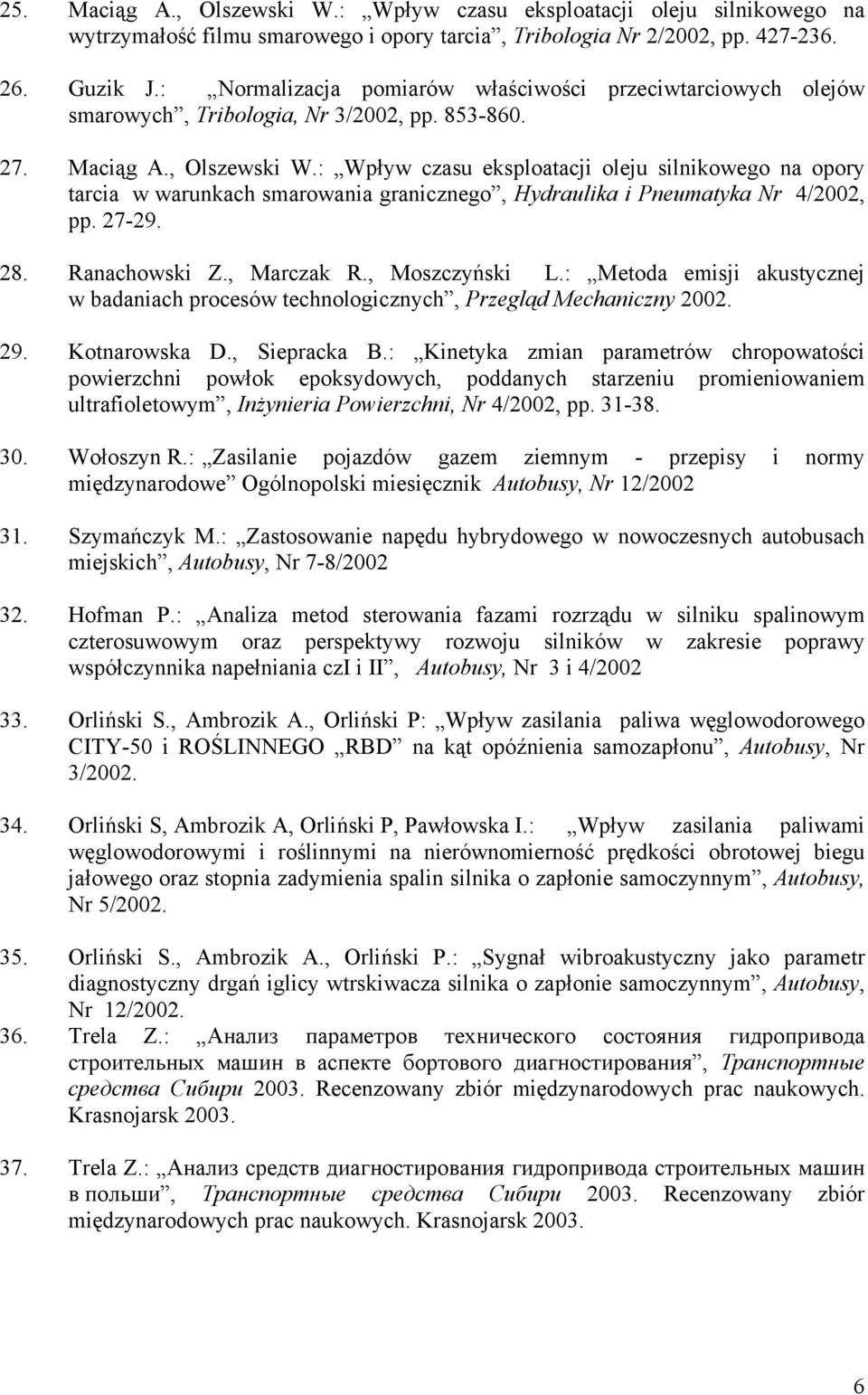 : Wpływ czasu eksploatacji oleju silnikowego na opory tarcia w warunkach smarowania granicznego, Hydraulika i Pneumatyka Nr 4/2002, pp. 27-29. 28. Ranachowski Z., Marczak R., Moszczyński L.