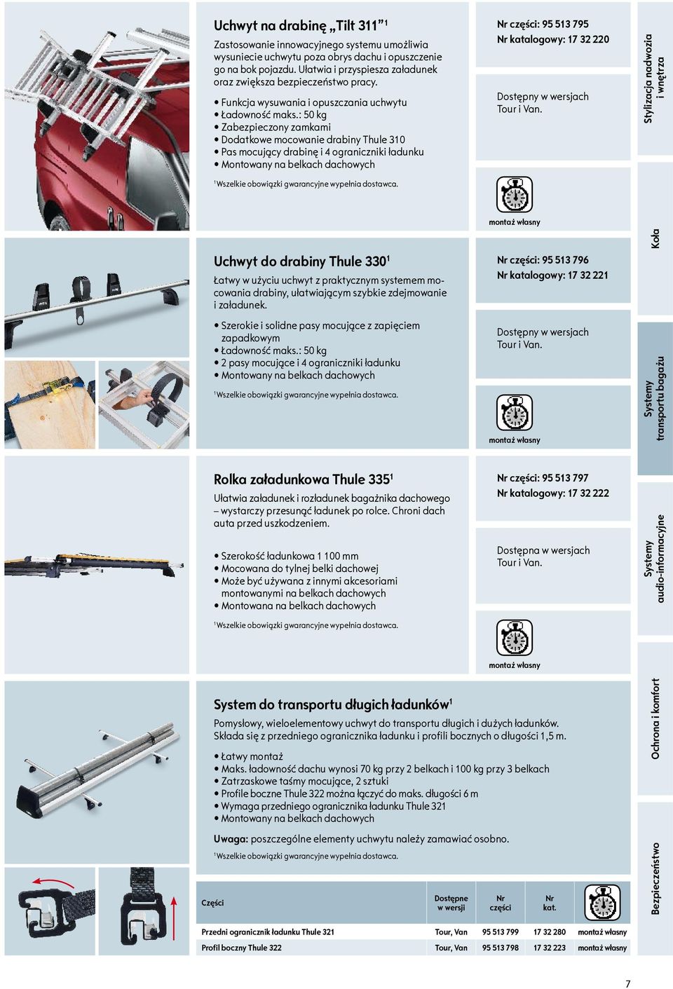 : 50 kg Zabezpieczony zamkami Dodatkowe mocowanie drabiny Thule 30 Pas mocujący drabinę i 4 ograniczniki ładunku : 95 53 795 katalogowy: 7 32 220 Stylizacja nadwozia i wnętrza Uchwyt do drabiny Thule