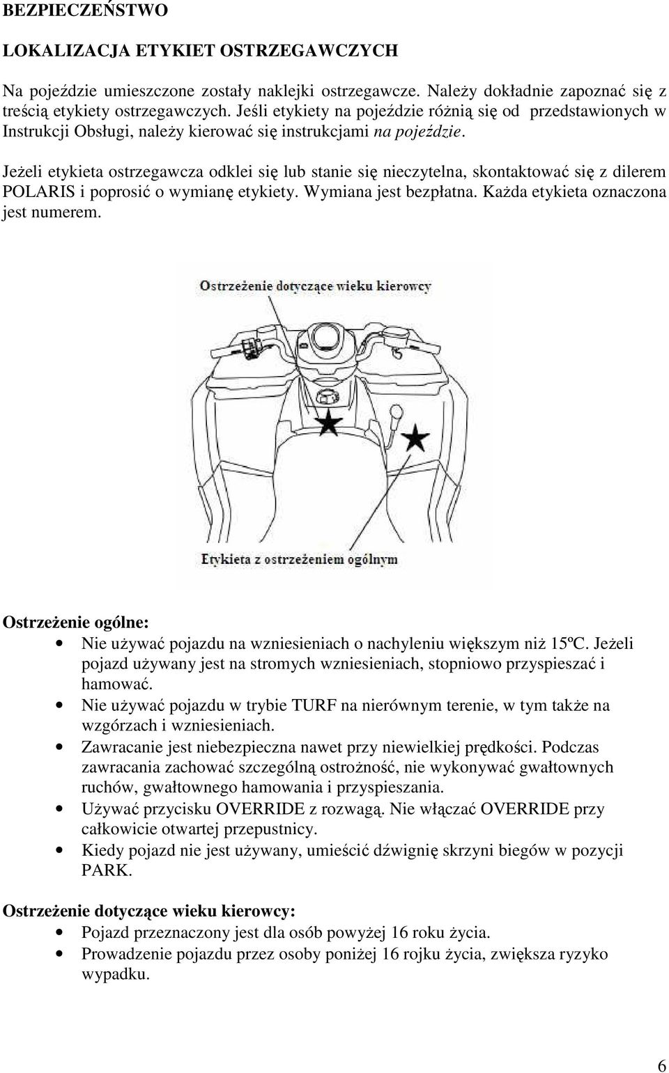 JeŜeli etykieta ostrzegawcza odklei się lub stanie się nieczytelna, skontaktować się z dilerem POLARIS i poprosić o wymianę etykiety. Wymiana jest bezpłatna. KaŜda etykieta oznaczona jest numerem.