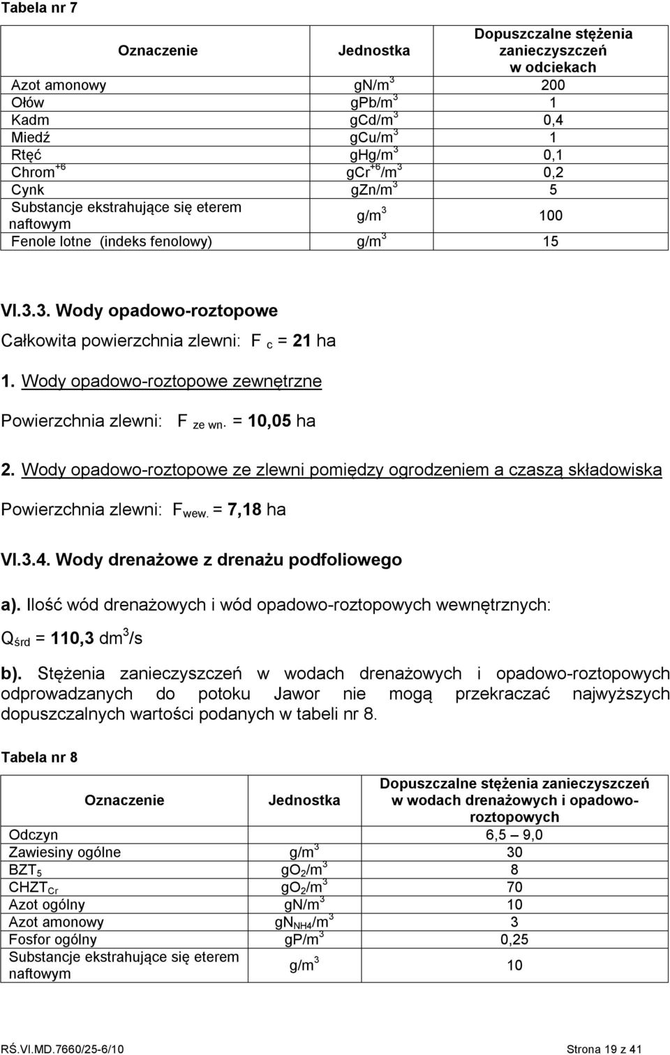 Wody opadowo-roztopowe zewnętrzne Powierzchnia zlewni: F ze wn. = 10,05 ha 2. Wody opadowo-roztopowe ze zlewni pomiędzy ogrodzeniem a czaszą składowiska Powierzchnia zlewni: F wew. = 7,18 ha VI.3.4.