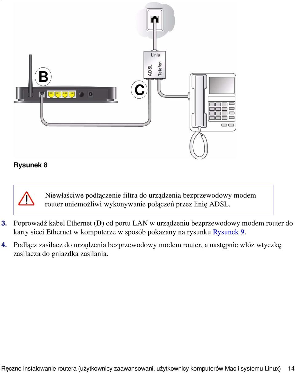 Poprowadź kabel Ethernet (D) od portu LAN w urządzeniu bezprzewodowy modem router do karty sieci Ethernet w komputerze w sposób