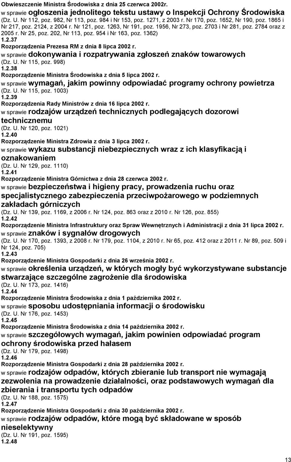 202, Nr 113, poz. 954 i Nr 163, poz. 1362) 1.2.37 Rozporządzenia Prezesa RM z dnia 8 lipca 2002 r. w sprawie dokonywania i rozpatrywania zgłoszeń znaków towarowych (Dz. U. Nr 115, poz. 998) 1.2.38 Rozporządzenie Ministra Środowiska z dnia 5 lipca 2002 r.