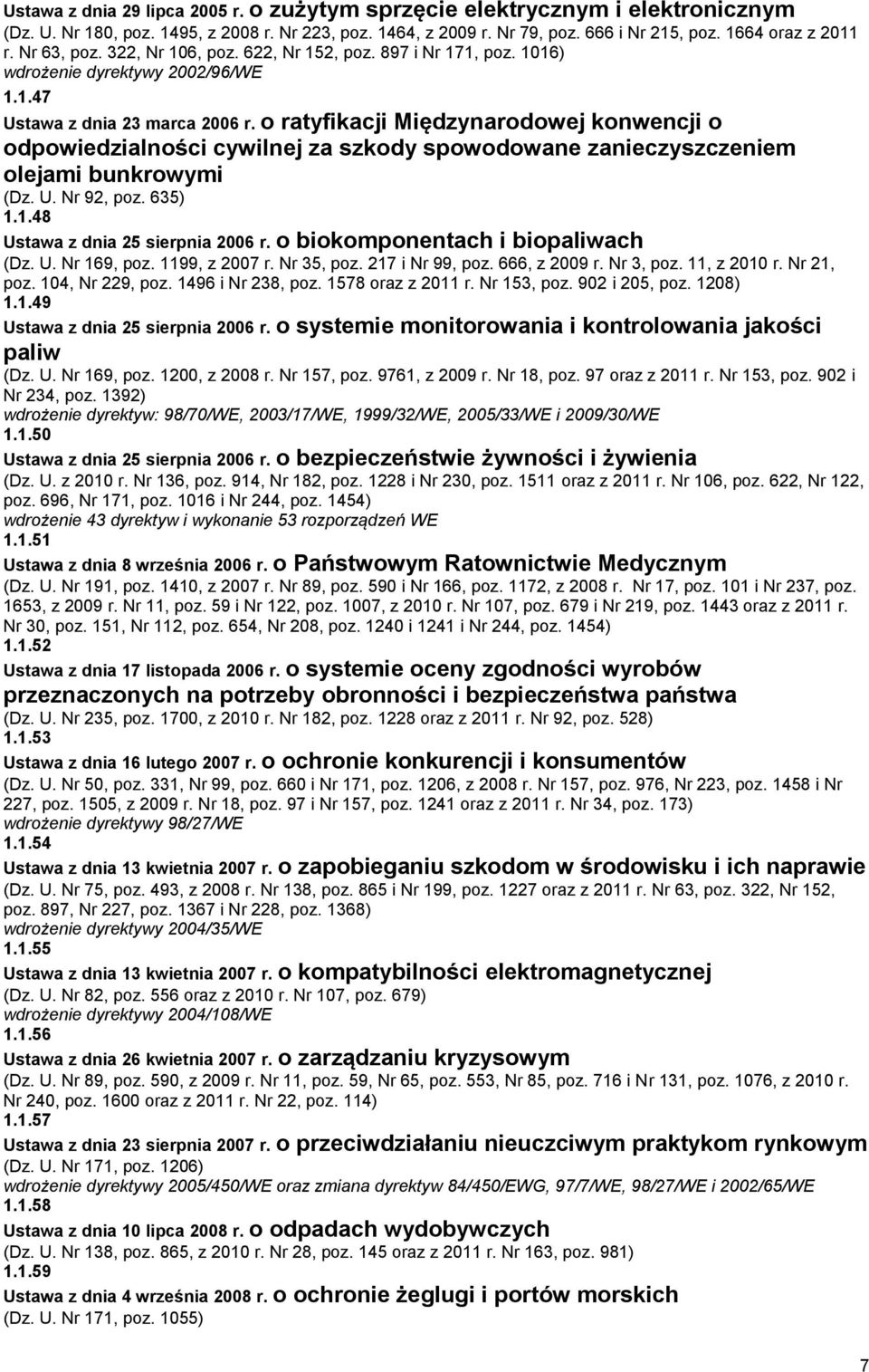 o ratyfikacji Międzynarodowej konwencji o odpowiedzialności cywilnej za szkody spowodowane zanieczyszczeniem olejami bunkrowymi (Dz. U. Nr 92, poz. 635) 1.1.48 Ustawa z dnia 25 sierpnia 2006 r.