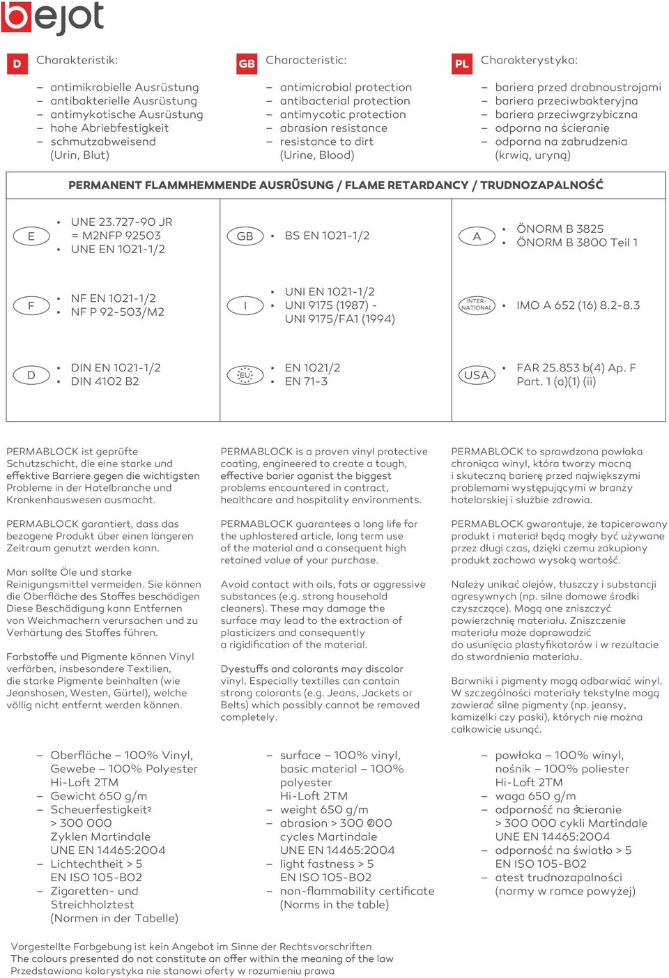 przeciwgrzybiczna odporna na ścieranie odporna na zabrudzenia (krwią, uryną) PERMANENT FLAMMHEMMENDE AUSRÜSUNG / FLAME RETARDANCY / TRUDNOZAPALNOŚĆ UNE 23.