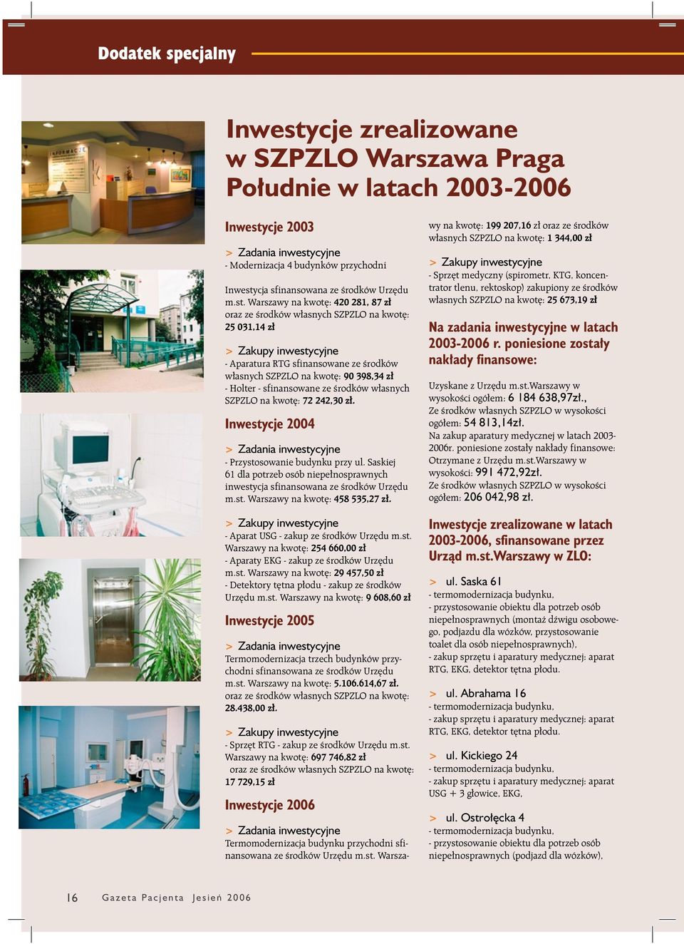 Warszawy na kwotę: 420 281, 87 zł oraz ze środków własnych SZPZLO na kwotę: 25 031,14 zł > Zakupy inwestycyjne - Aparatura RTG sfinansowane ze środków własnych SZPZLO na kwotę: 90 398,34 zł - Holter