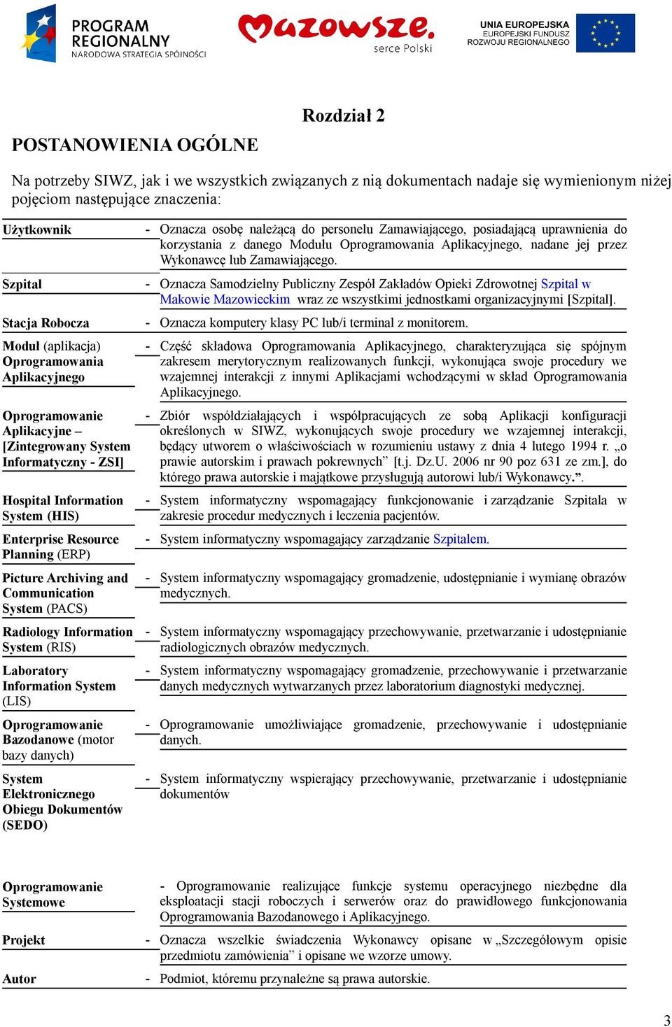 and Communication System (PACS) Radiology Information System (RIS) Laboratory Information System (LIS) Oprogramowanie Bazodanowe (motor bazy danych) System Elektronicznego Obiegu Dokumentów (SEDO) -