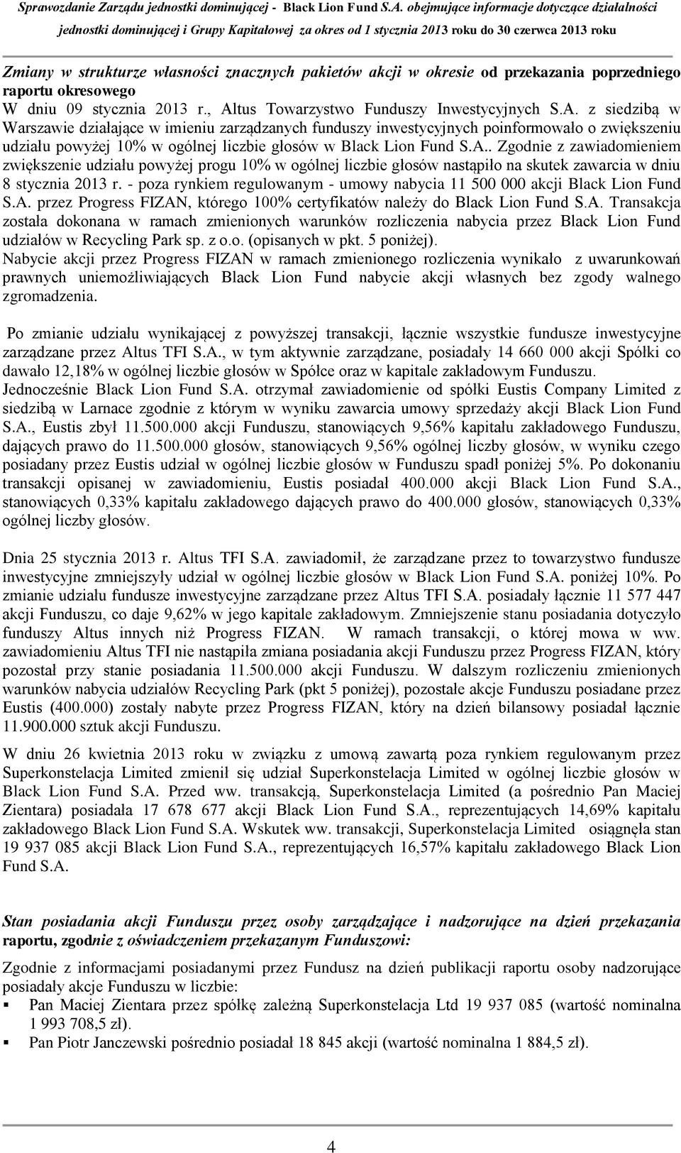 z siedzibą w Warszawie działające w imieniu zarządzanych funduszy inwestycyjnych poinformowało o zwiększeniu udziału powyżej 10% w ogólnej liczbie głosów w Black Lion Fund S.A.