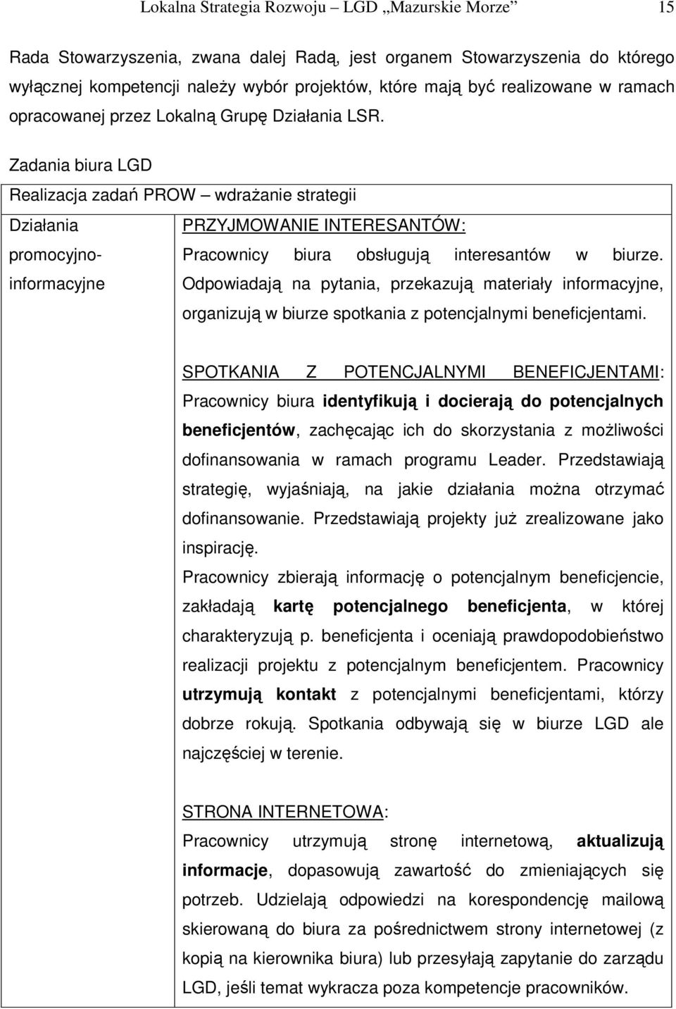 Zadania biura LGD Realizacja zadań PROW wdraŝanie strategii Działania PRZYJMOWANIE INTERESANTÓW: promocyjnoinformacyjne Odpowiadają na pytania, przekazują materiały informacyjne, Pracownicy biura