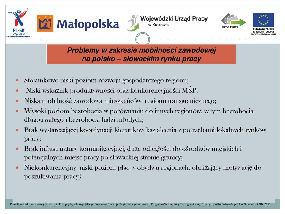 długotrwałego i bezrobocia ludzi młodych; Brak wystarczającej koordynacji kierunków kształcenia z potrzebami lokalnych rynków pracy; Brak infrastruktury komunikacyjnej,