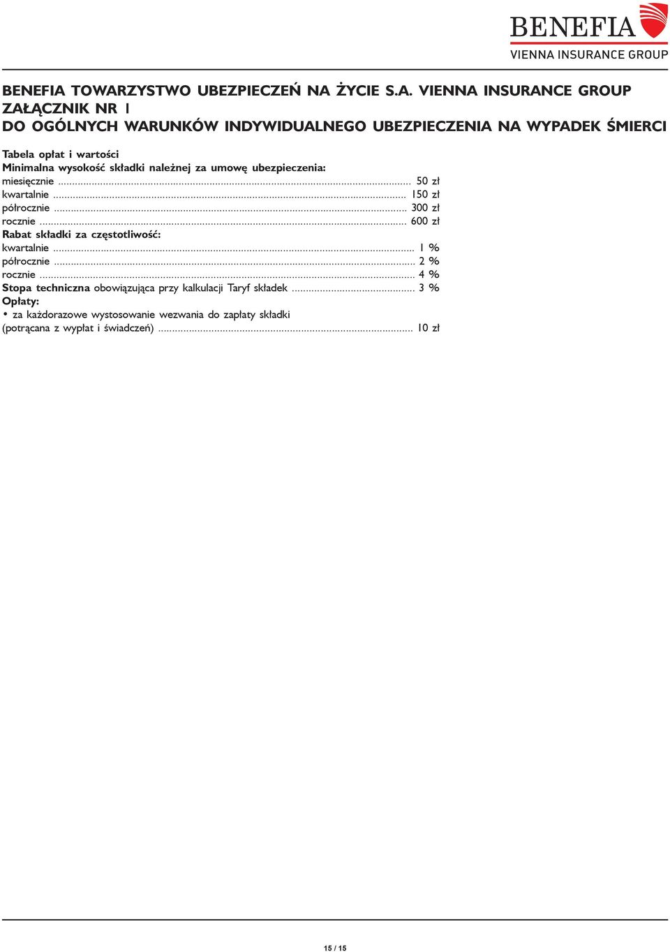 Tabela opłat i wartości Minimalna wysokość składki należnej za umowę ubezpieczenia: miesięcznie... 50 zł kwartalnie... 150 zł półrocznie.