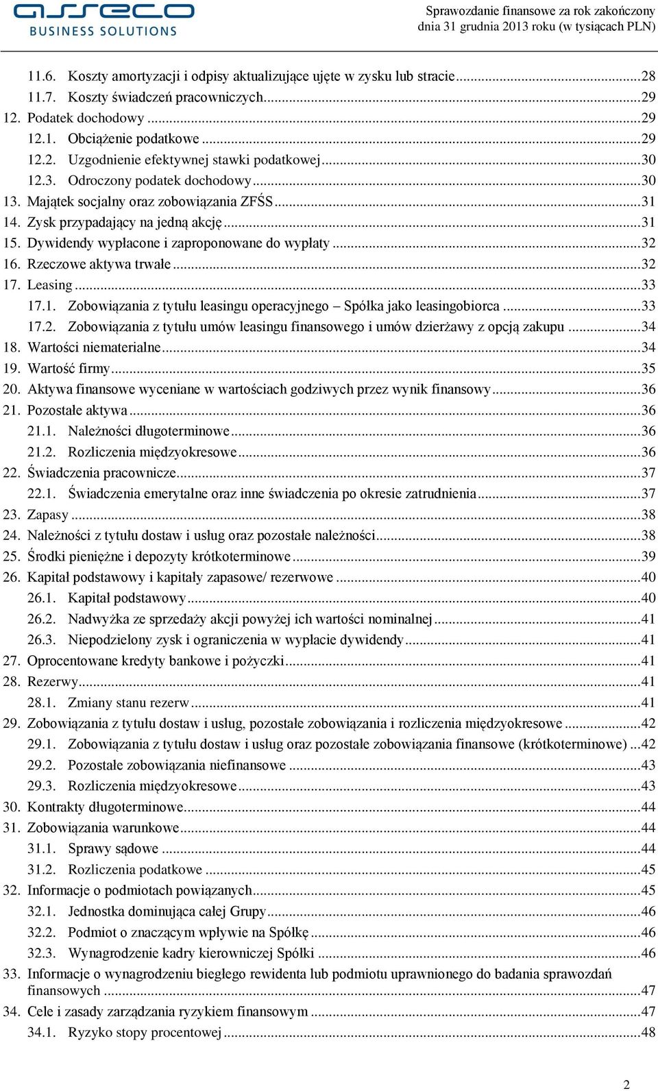 Rzeczowe aktywa trwałe... 32 17. Leasing... 33 17.1. Zobowiązania z tytułu leasingu operacyjnego Spółka jako leasingobiorca... 33 17.2. Zobowiązania z tytułu umów leasingu finansowego i umów dzierżawy z opcją zakupu.