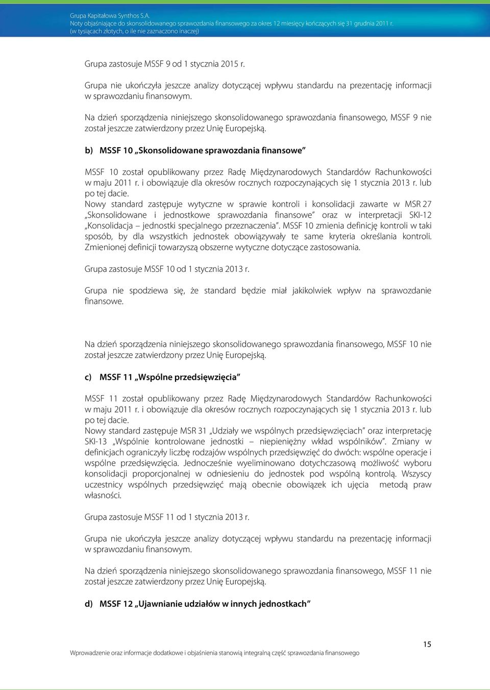 b) MSSF 10 Skonsolidowane sprawozdania finansowe MSSF 10 został opublikowany przez Radę Międzynarodowych Standardów Rachunkowości w maju 2011 r.