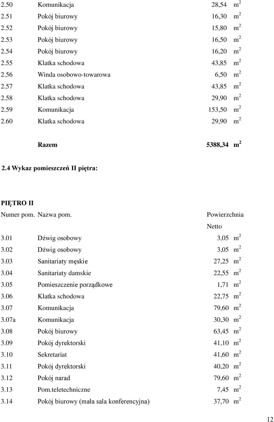 4 Wykaz pomieszczeń II piętra: PIĘTRO II Numer pom. Nazwa pom. Powierzchnia Netto 3.01 Dźwig osobowy 3,05 m 2 3.02 Dźwig osobowy 3,05 m 2 3.03 Sanitariaty męskie 27,25 m 2 3.