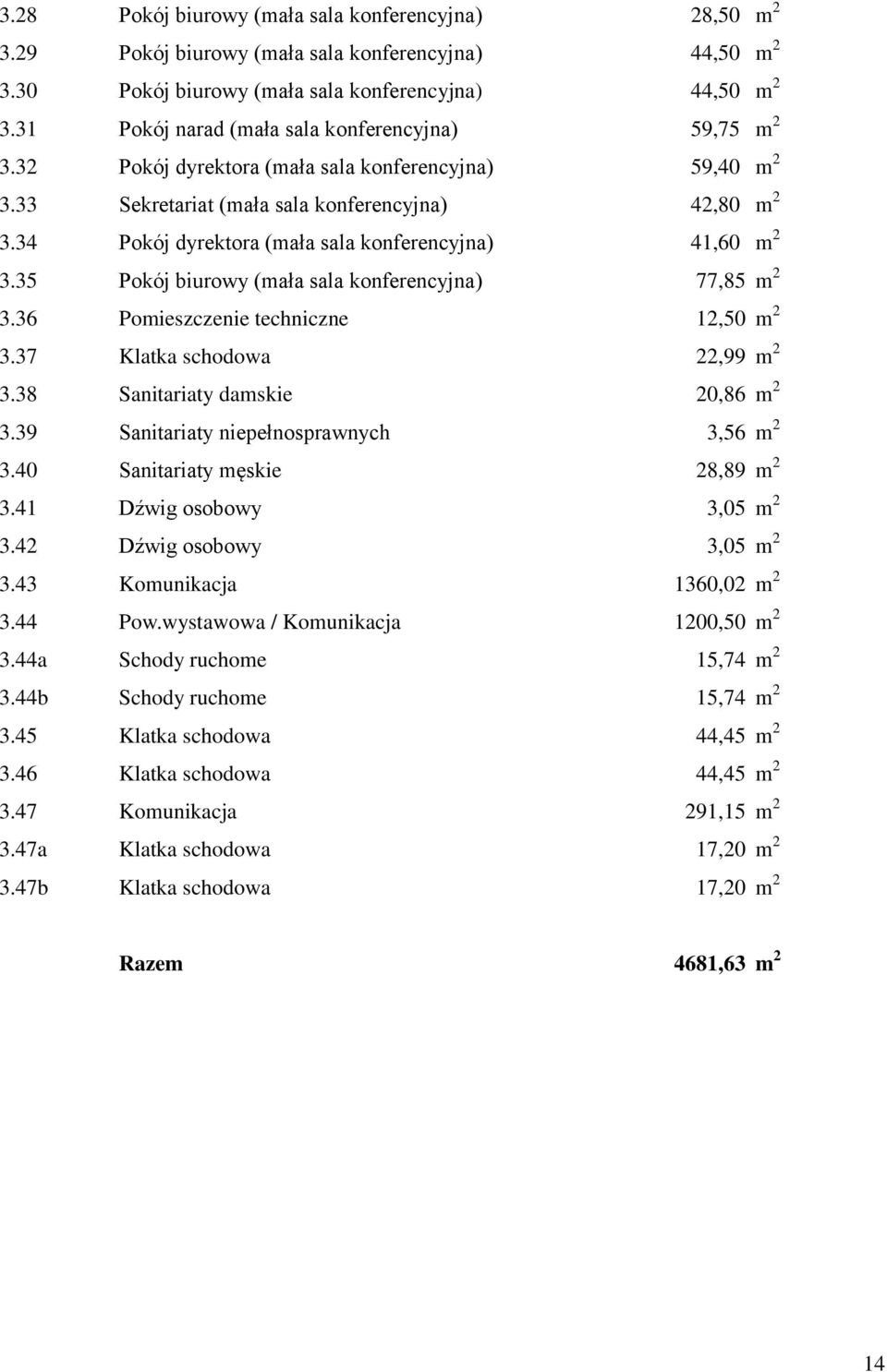 34 Pokój dyrektora (mała sala konferencyjna) 41,60 m 2 3.35 Pokój biurowy (mała sala konferencyjna) 77,85 m 2 3.36 Pomieszczenie techniczne 12,50 m 2 3.37 Klatka schodowa 22,99 m 2 3.