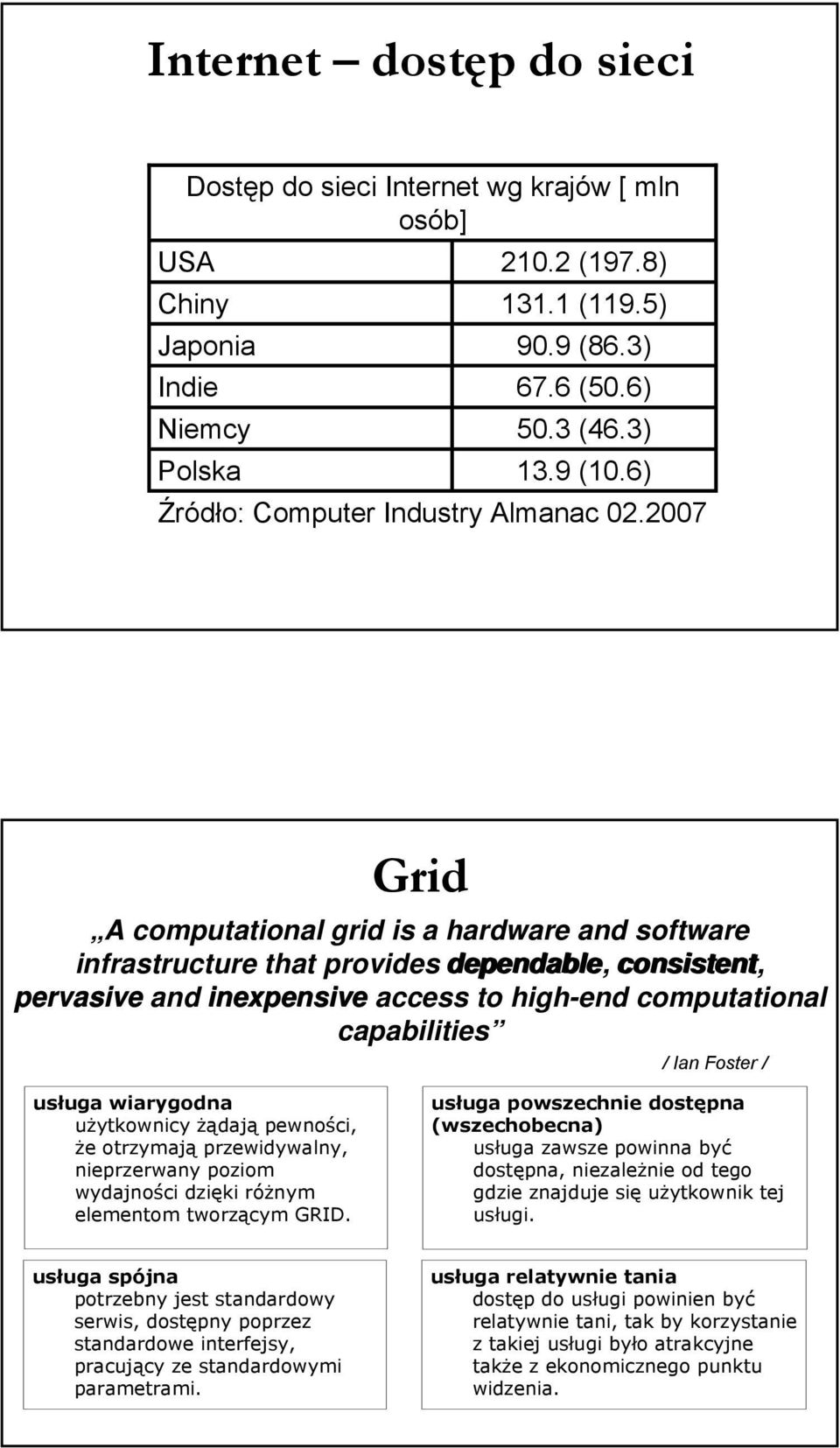 2007 Grid A computational grid is a hardware and software infrastructure that provides dependable, consistent, pervasive and inexpensive access to high-end computational capabilities / Ian Foster /