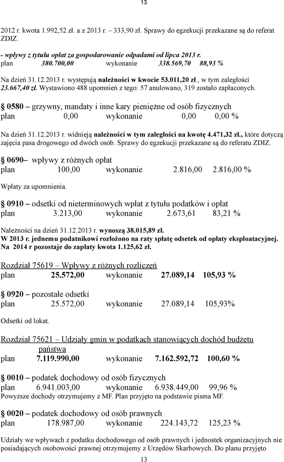 Wystawiono 488 upomnień z tego: 57 anulowano, 319 zostało zapłaconych. 0580 grzywny, mandaty i inne kary pieniężne od osób fizycznych plan 0,00 wykonanie 0,00 0,00 % Na dzień 31.12.2013 r.