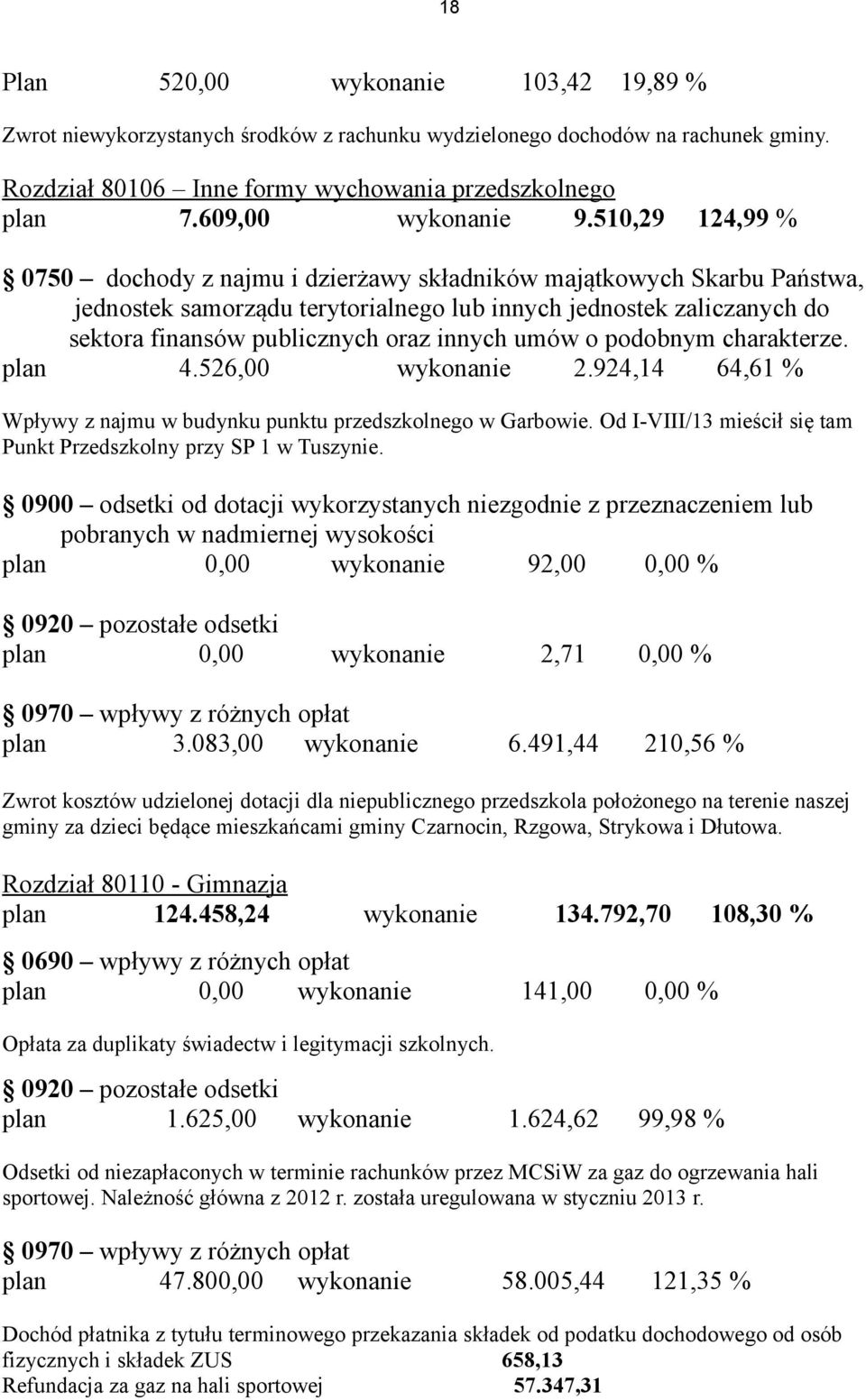 510,29 124,99 % 0750 dochody z najmu i dzierżawy składników majątkowych Skarbu Państwa, jednostek samorządu terytorialnego lub innych jednostek zaliczanych do sektora finansów publicznych oraz innych