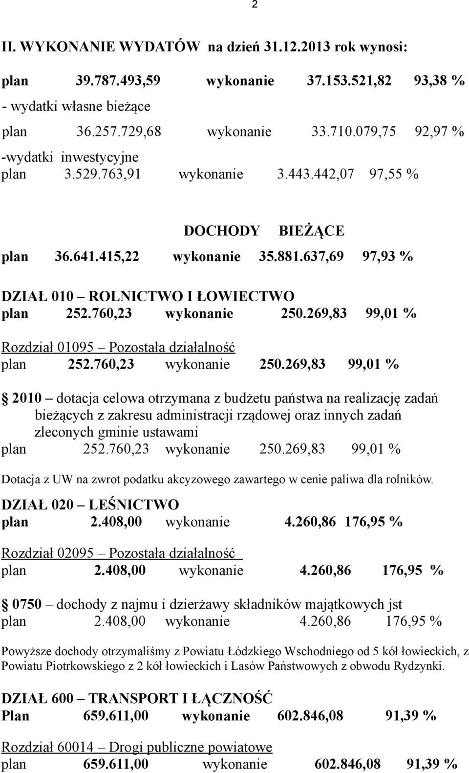 760,23 wykonanie 250.269,83 99,01 % Rozdział 01095 Pozostała działalność plan 252.760,23 wykonanie 250.269,83 99,01 % 2010 dotacja celowa otrzymana z budżetu państwa na realizację zadań bieżących z zakresu administracji rządowej oraz innych zadań zleconych gminie ustawami plan 252.