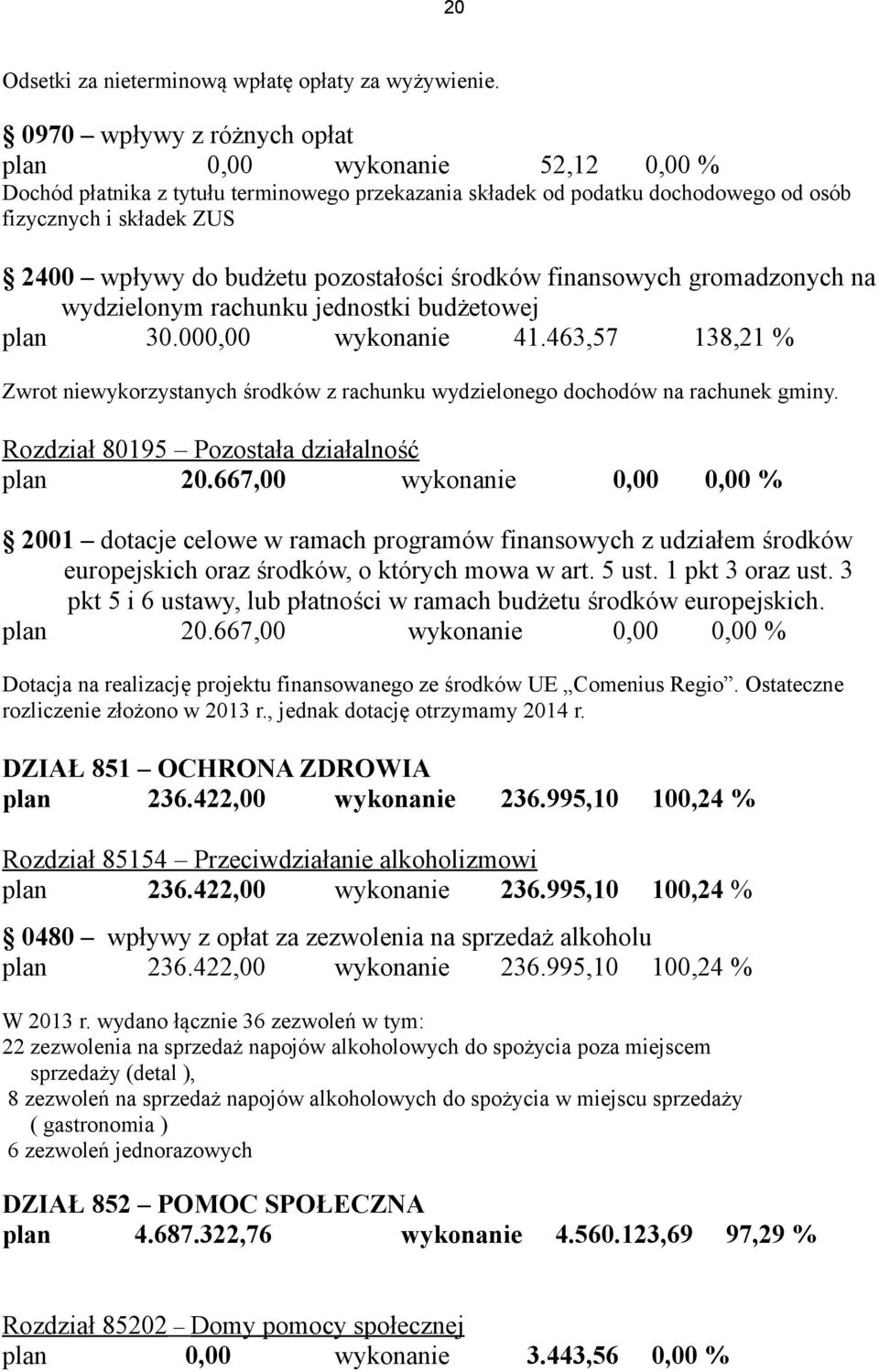 pozostałości środków finansowych gromadzonych na wydzielonym rachunku jednostki budżetowej plan 30.000,00 wykonanie 41.