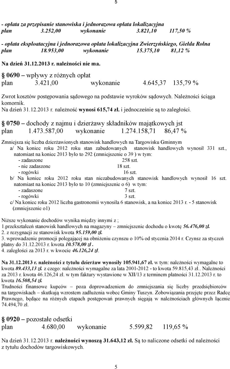 0690 wpływy z różnych opłat plan 3.421,00 wykonanie 4.645,37 135,79 % Zwrot kosztów postępowania sądowego na podstawie wyroków sądowych. Należności ściąga komornik. Na dzień 31.12.2013 r.