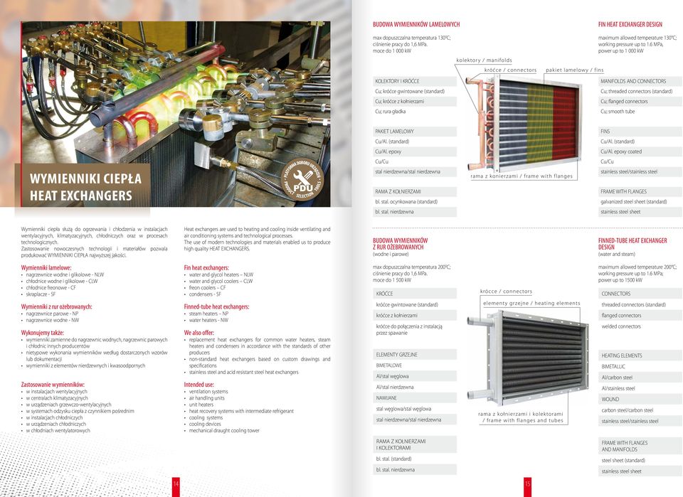 temperature 130 C; working pressure up to 1.6 MPa, power up to 1 000 kw MANIFOLDS AND CONNECTORS Cu; threaded connectors (standard) Cu; flanged connectors Cu; smooth tube PAKIET LAMELOWY FINS Cu/Al.