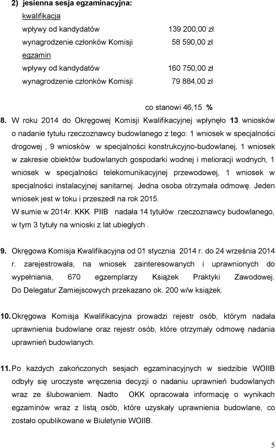 W roku 2014 do Okręgowej Komisji Kwalifikacyjnej wpłynęło 13 wniosków o nadanie tytułu rzeczoznawcy budowlanego z tego: 1 wniosek w specjalności drogowej, 9 wniosków w specjalności