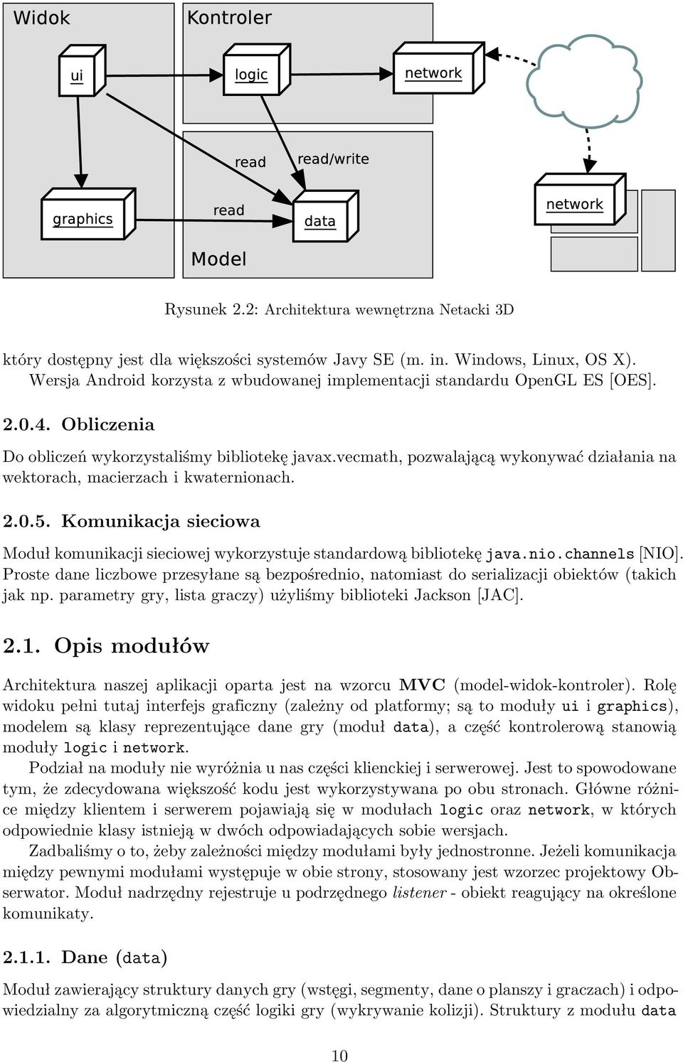 vecmath, pozwalającą wykonywać działania na wektorach, macierzach i kwaternionach. 2.0.5. Komunikacja sieciowa Moduł komunikacji sieciowej wykorzystuje standardową bibliotekę java.nio.channels[nio].