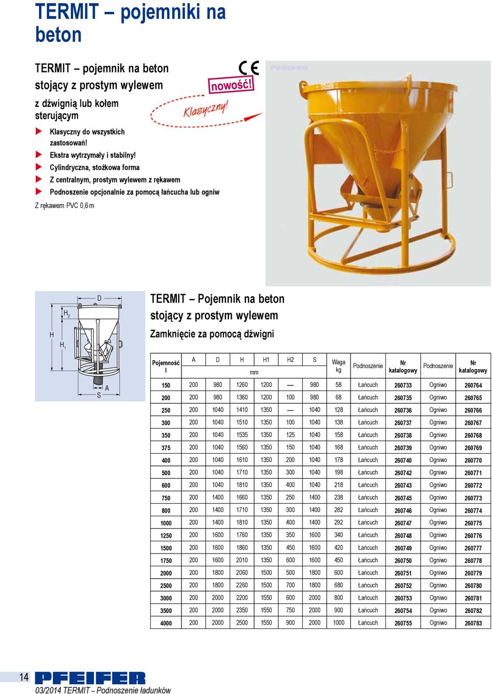 za pomocą dźwigni A D H H1 H2 S Waga Podnoszenie Podnoszenie 150 200 980 1260 1200 980 58 Łańcuch 260733 Ogniwo 260764 200 200 980 1360 1200 100 980 68 Łańcuch 260735 Ogniwo 260765 250 200 1040 1410