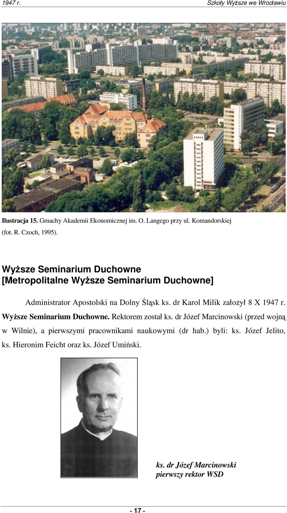 dr Karol Milik założył 8 X 1947 r. Wyższe Seminarium Duchowne. Rektorem został ks.