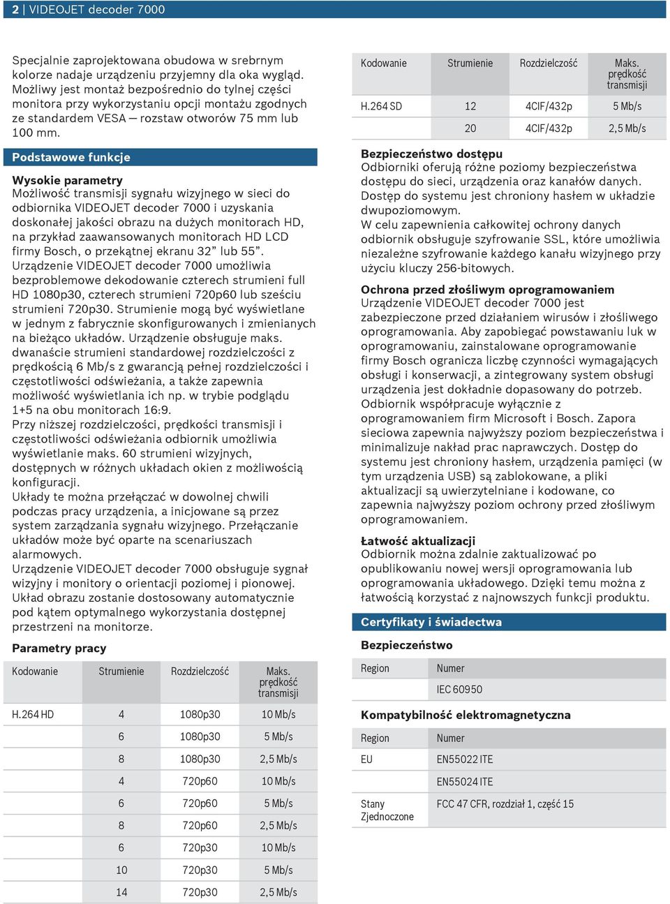 Podstawowe fnkcje Wysokie parametry Możliwość transmisji sygnał wizyjnego w sieci do odbiornika VIDEOJET decoder 7000 i zyskania doskonałej jakości obraz na dżych monitorach HD, na przykład