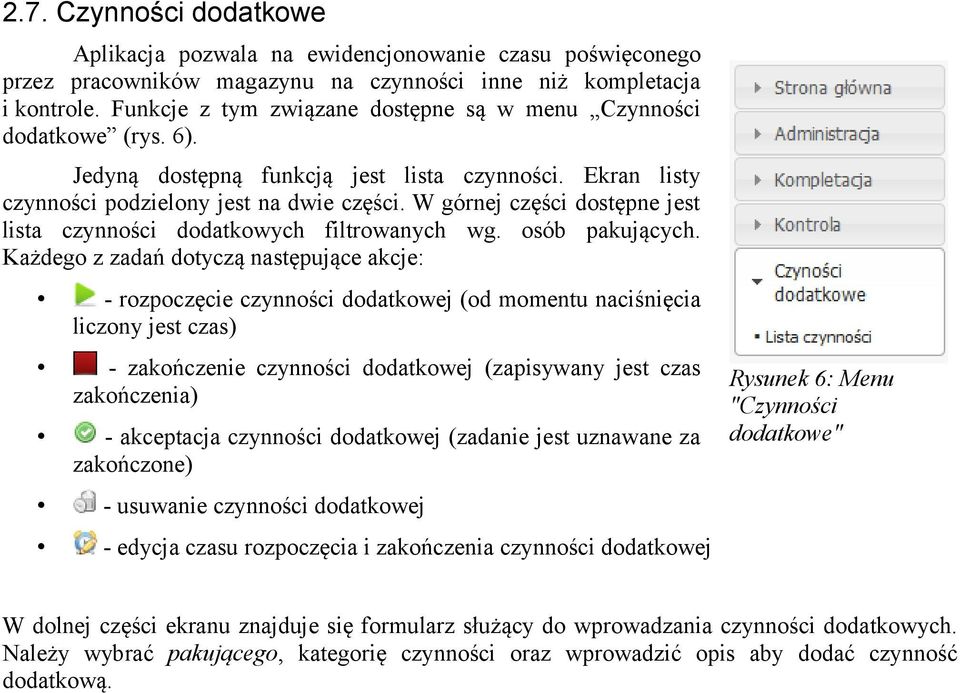 W górnej części dostępne jest lista czynności dodatkowych filtrowanych wg. osób pakujących.