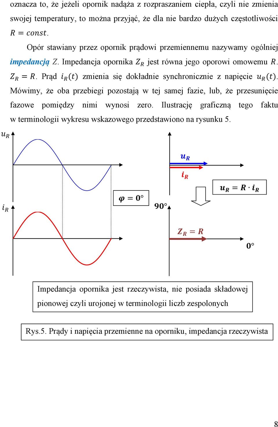 . Prąd zmienia się dokładnie synchronicznie z napięcie. Mówimy, że oba przebiegi pozostają w tej samej fazie, lub, że przesunięcie fazowe pomiędzy nimi wynosi zero.