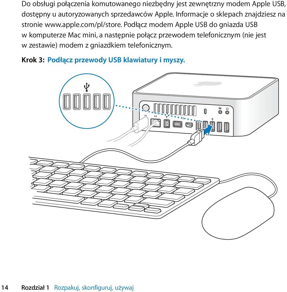 Podłącz modem Apple USB do gniazda USB w komputerze Mac mini, a następnie połącz przewodem telefonicznym (nie