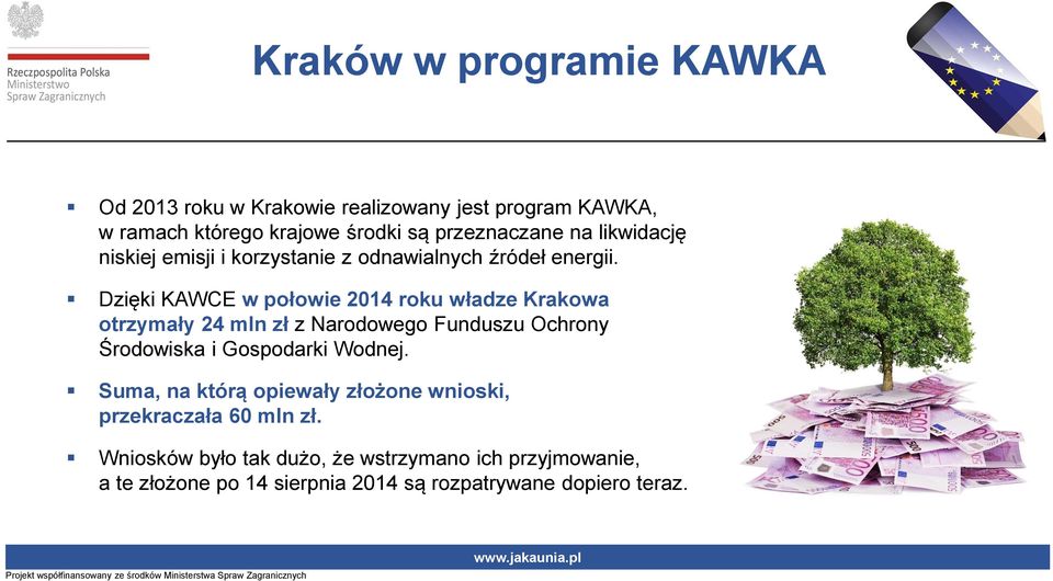 Dzięki KAWCE w połowie 2014 roku władze Krakowa otrzymały 24 mln zł z Narodowego Funduszu Ochrony Środowiska i Gospodarki Wodnej.