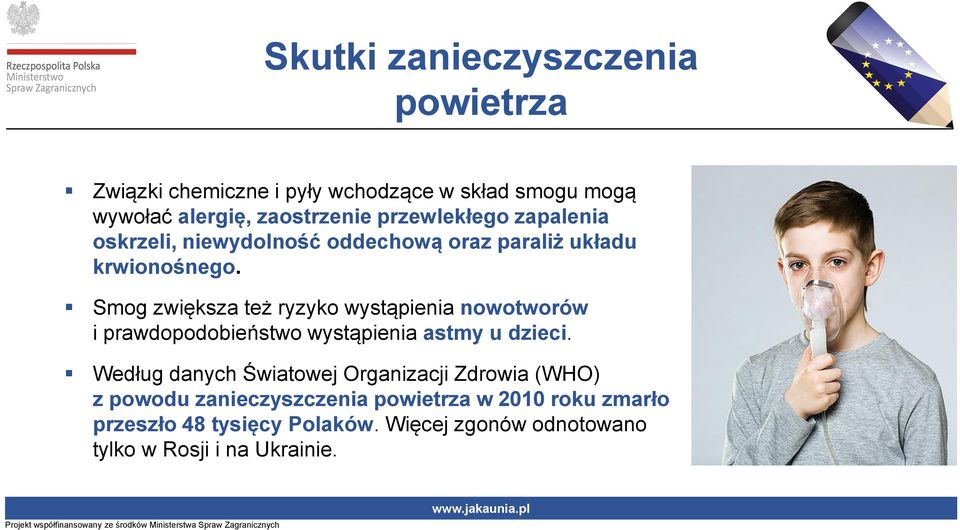 Smog zwiększa też ryzyko wystąpienia nowotworów i prawdopodobieństwo wystąpienia astmy u dzieci.