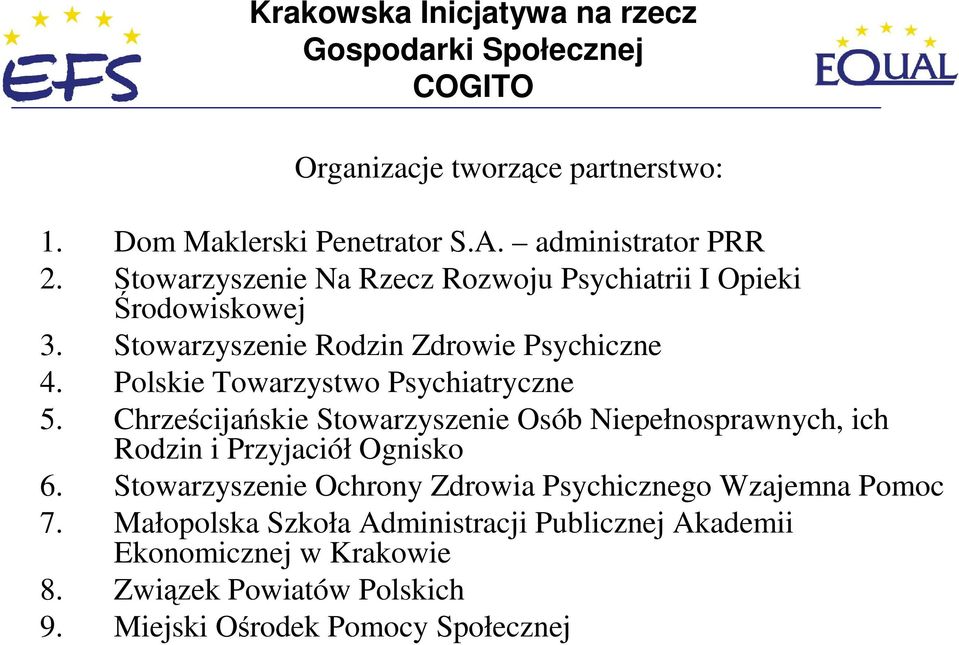 Polskie Towarzystwo Psychiatryczne 5. Chrześcijańskie Stowarzyszenie Osób Niepełnosprawnych, ich Rodzin i Przyjaciół Ognisko 6.
