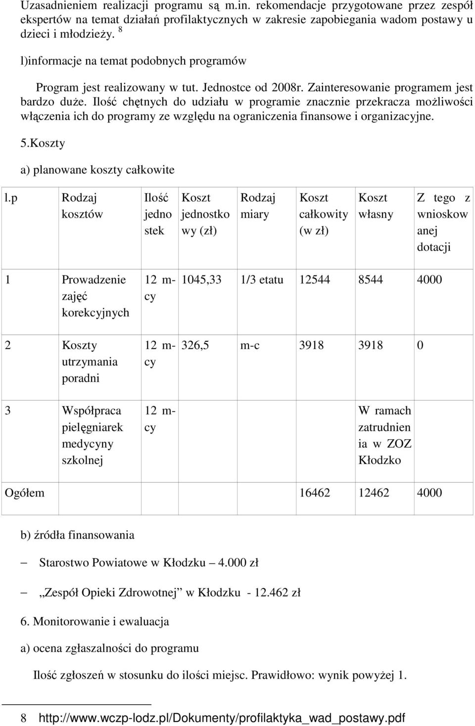 Ilość chętnych do udziału w programie znacznie przekracza możliwości włączenia ich do programy ze względu na ograniczenia finansowe i organizacyjne. 5.Koszty a) planowane koszty całkowite l.