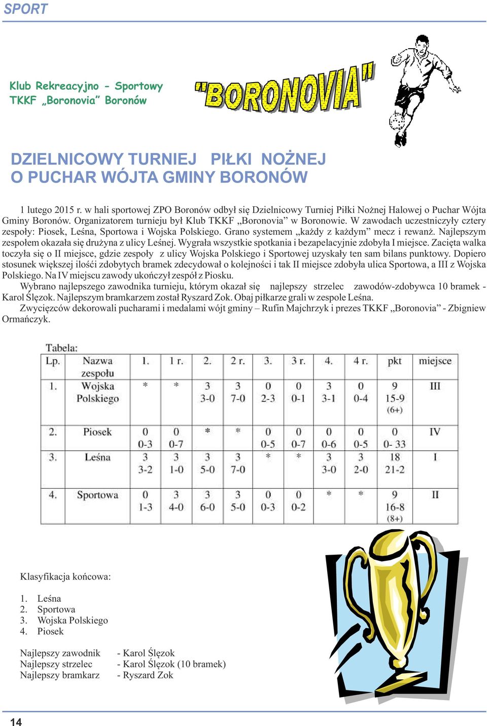 W zawodach uczestniczyły cztery zespoły: Piosek, Leśna, Sportowa i Wojska Polskiego. Grano systemem każdy z każdym mecz i rewanż. Najlepszym zespołem okazała się drużyna z ulicy Leśnej.