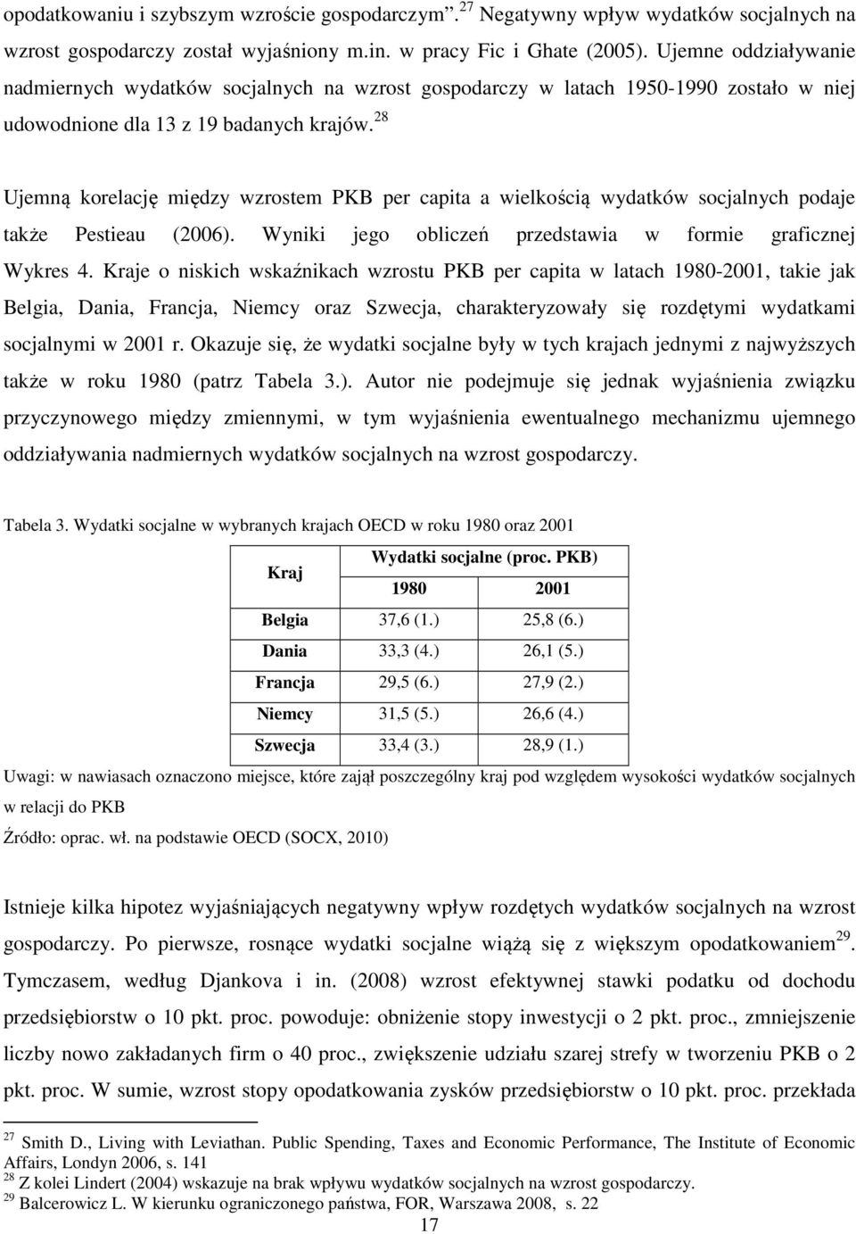 28 Ujemną korelację między wzrostem PKB per capita a wielkością wydatków socjalnych podaje także Pestieau (2006). Wyniki jego obliczeń przedstawia w formie graficznej Wykres 4.