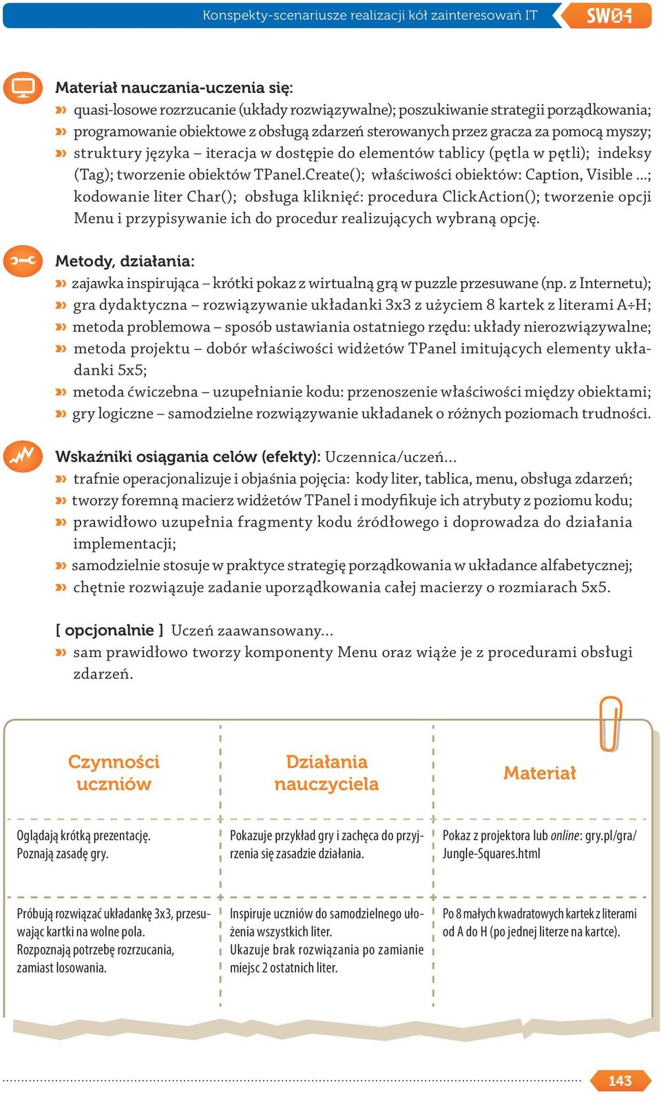 Create(); właściwości obiektów: Caption, Visible...; kodowanie liter Char(); obsługa kliknięć: procedura ClickAction(); tworzenie opcji Menu i przypisywanie ich do procedur realizujących wybraną opcję.