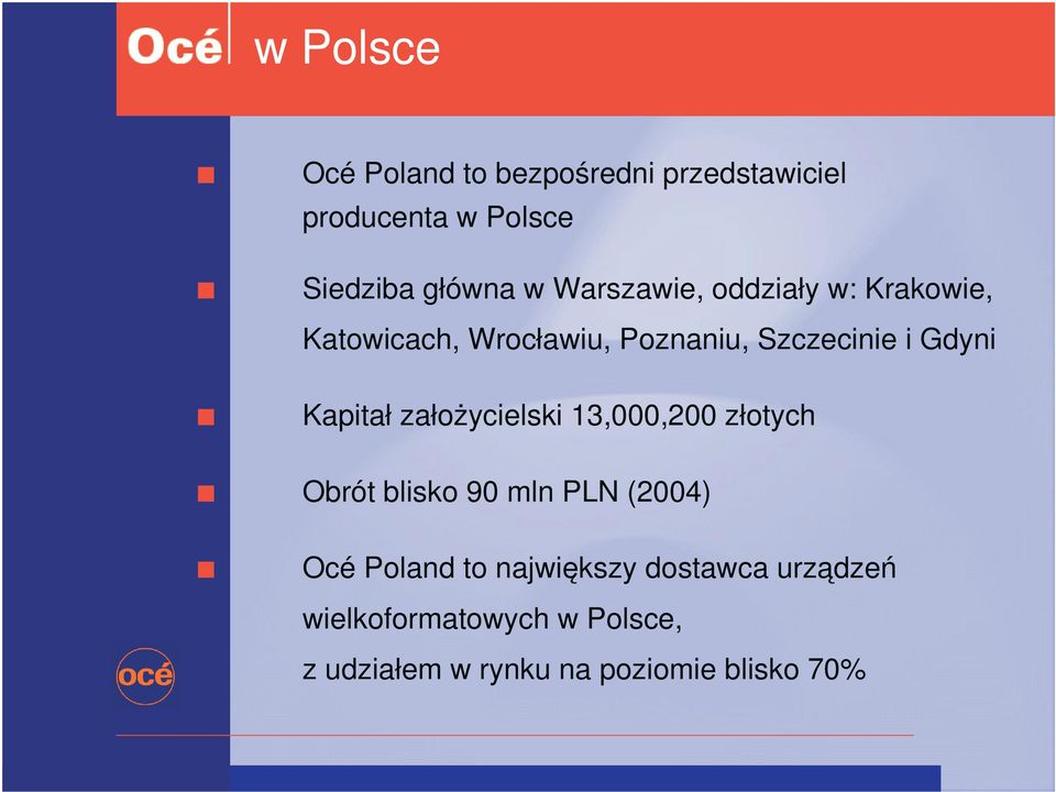 Kapitał założycielski 13,000,200 złotych Obrót blisko 90 mln PLN (2004) Océ Poland to