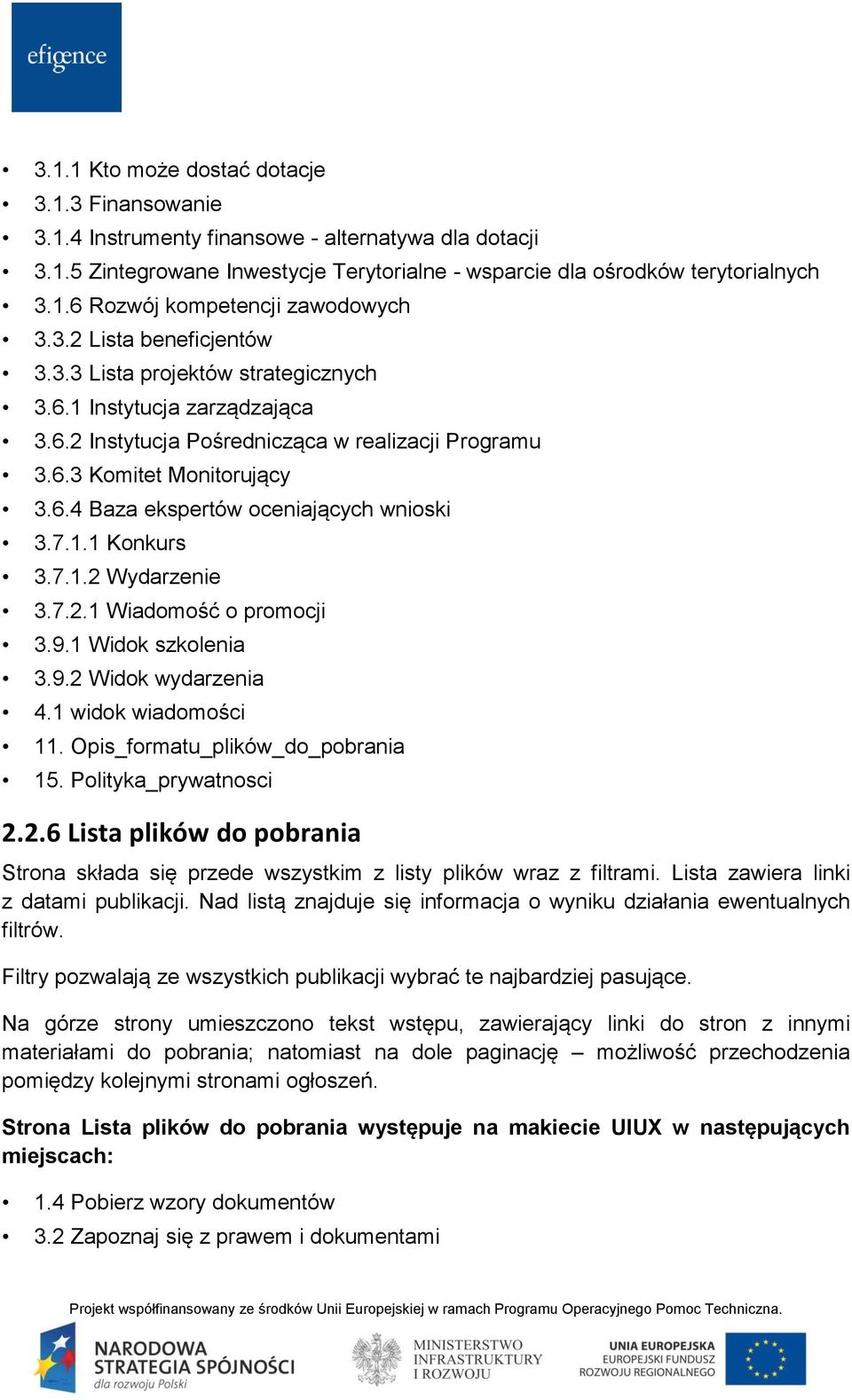 7.1.1 Konkurs 3.7.1.2 Wydarzenie 3.7.2.1 Wiadomość o promocji 3.9.1 Widok szkolenia 3.9.2 Widok wydarzenia 4.1 widok wiadomości 11. Opis_formatu_plików_do_pobrania 15. Polityka_prywatnosci 2.2.6 Lista plików do pobrania Strona składa się przede wszystkim z listy plików wraz z filtrami.